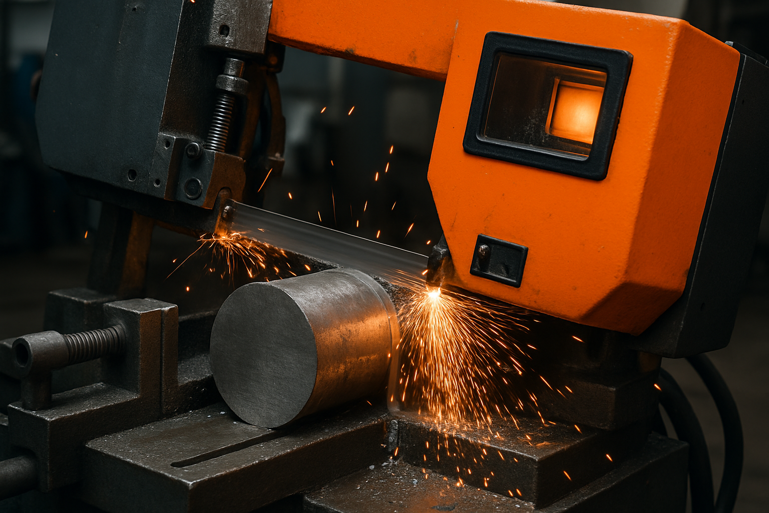 Industrial band saw cutting metal