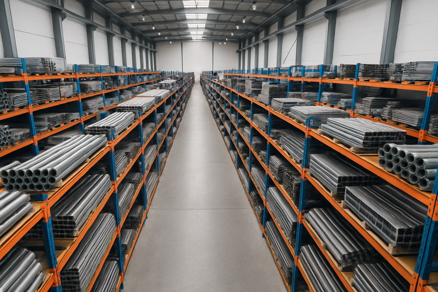 High angle view of organized metal inventory